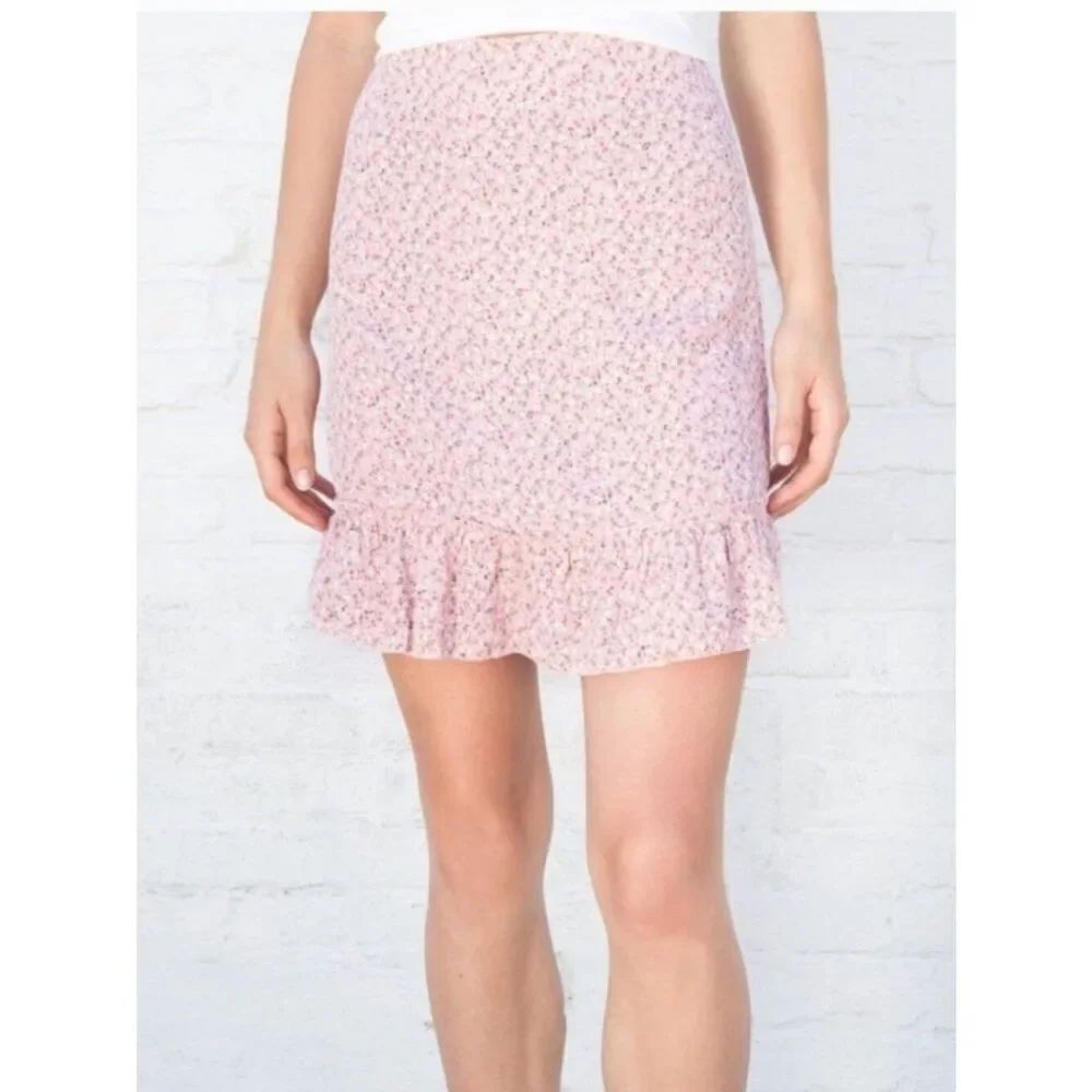 Brandy Melville Pink Floral Ruffle Mini Skirt Made in Italy XS/S